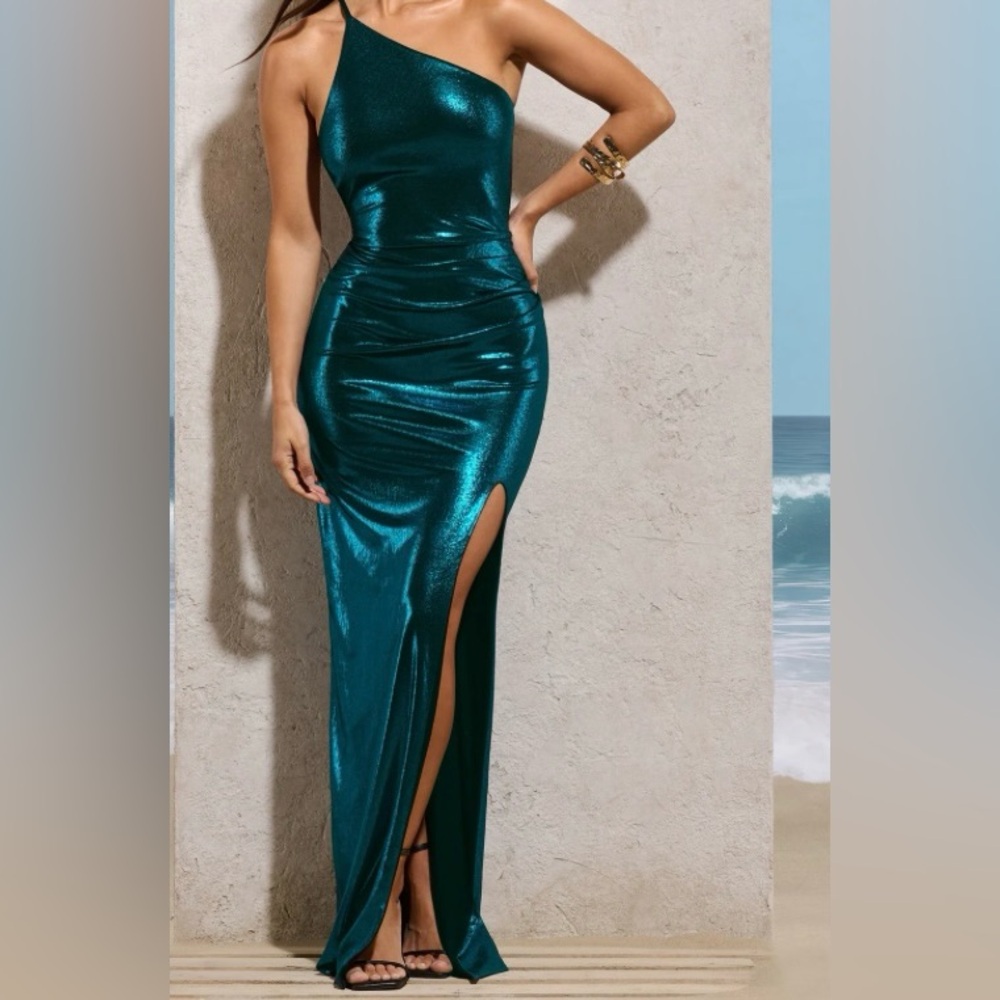Club L London Topaz Blue Metallic One Shoulder Maxi Dress W/Open-Back
